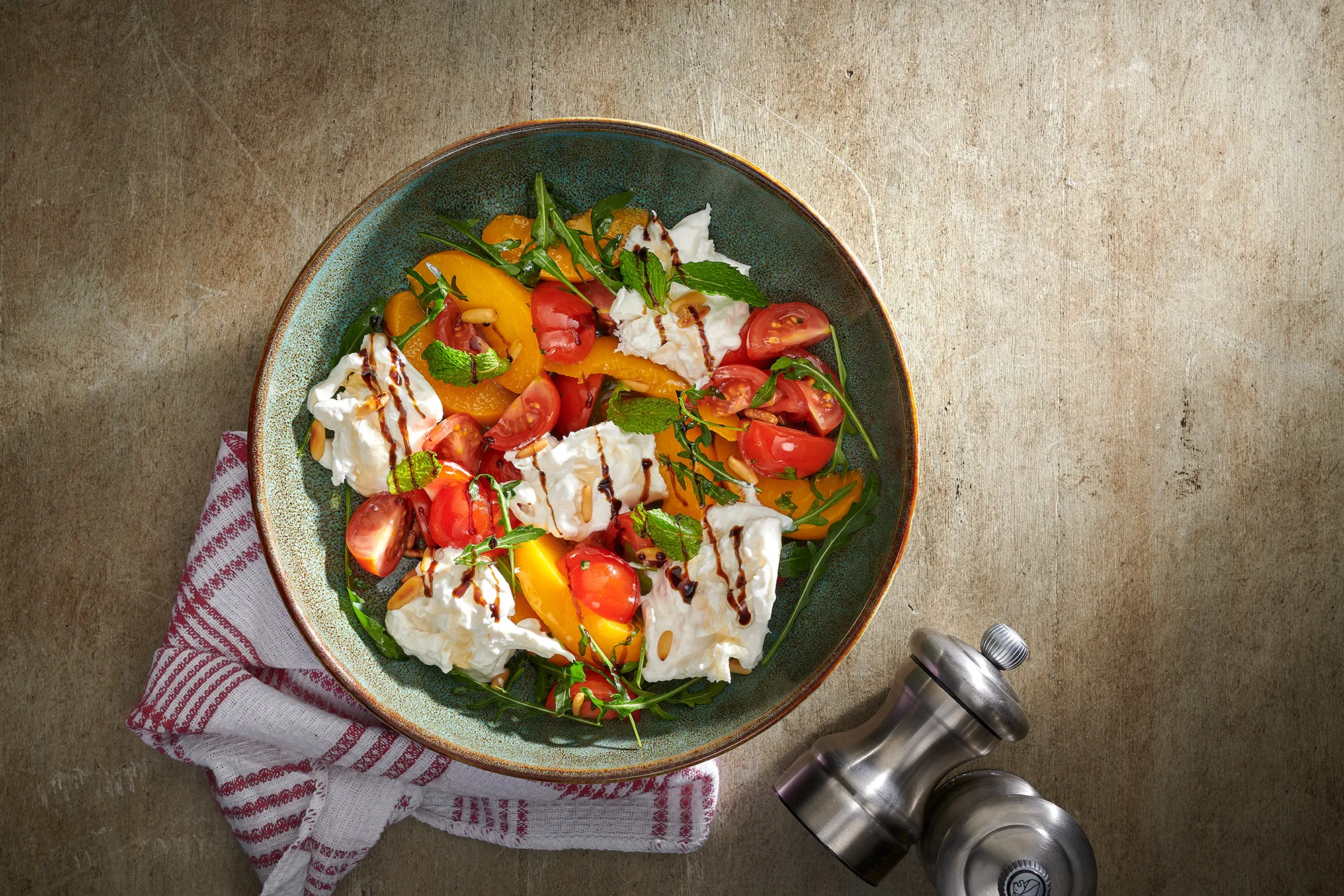 Burrata and peach salad
